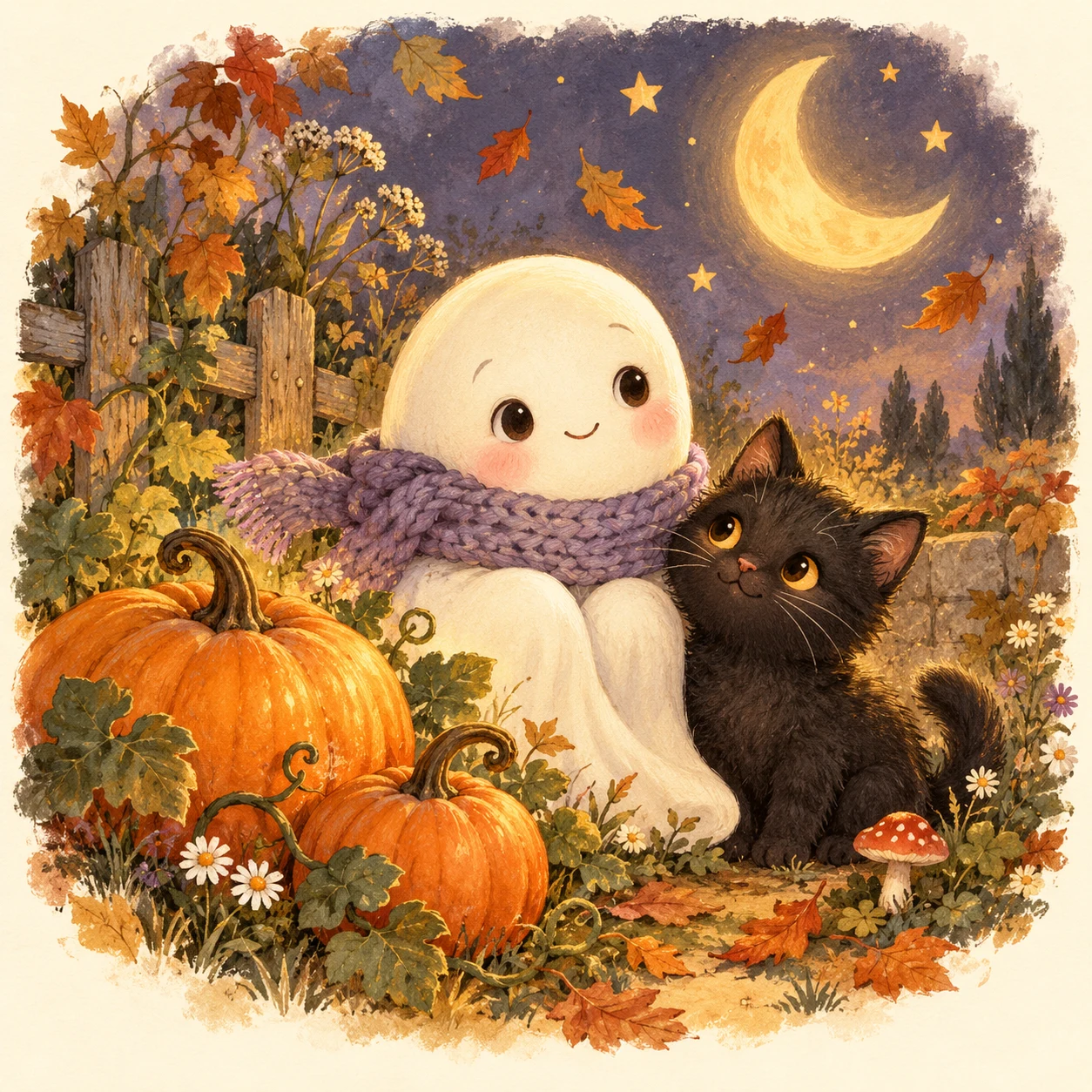 A friendly scarf-wearing ghost and tiny black kitten among pumpkins beneath a warm autumn moon